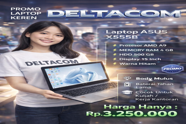 ASUS X555B , TYPE BARU BODY SLIM, PROSESOR AMD A9 MEMORY RAM 4 GB STORAGE HDD 500 GB DISPLAY 15 INCH MULUS , WARNAH HITAM , LECET SDIKIT,